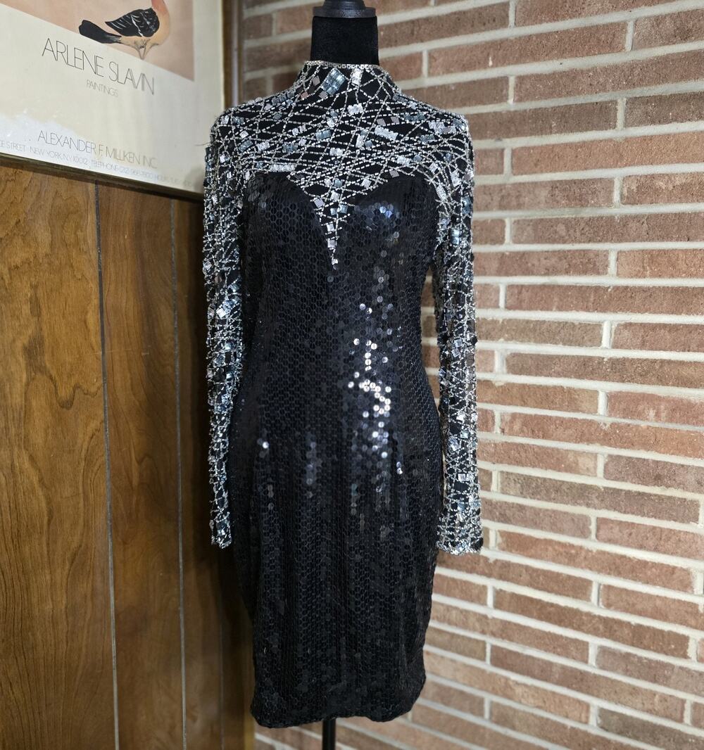Niteline by Della Roufogali Black Silver Sequin Mesh Bodycon Dress Long Sleeve …